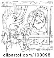 Royalty Free RF Clipart Illustration Of A Coloring Page Outline Of A Female Fox Baking And Looking At An Old Couple