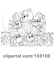 Poster, Art Print Of Coloring Page Outline Of A Bear FoxWolf Frog And Other Animals With A Collapsed Cabin