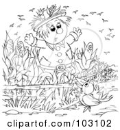 Royalty Free RF Clipart Illustration Of A Coloring Page Outline Of A Crow Talking To A Scarecrow