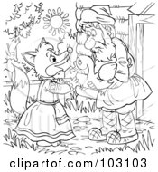 Royalty Free RF Clipart Illustration Of A Coloring Page Outline Of A Man Giving A Goose To A Fox