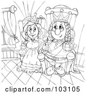 Royalty Free RF Clipart Illustration Of A Coloring Page Outline Of A Happy King And Queen Sitting At The Throne by Alex Bannykh