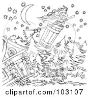 Poster, Art Print Of Coloring Page Outline Of A Witch Flying Away In A Barrel