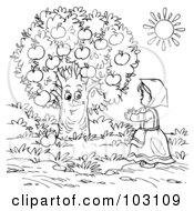 Royalty Free RF Clipart Illustration Of A Coloring Page Outline Of A Girl Talking To An Apple Tree