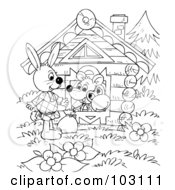 Poster, Art Print Of Coloring Page Outline Of A Wandering Rabbit By A House