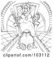 Royalty Free RF Clipart Illustration Of A Coloring Page Outline Of A Man Kneeling Before A Mean Queen by Alex Bannykh