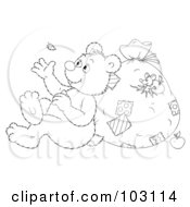 Poster, Art Print Of Coloring Page Outline Of A Bear Leaning Against A Sack And Watching A Floating Feather