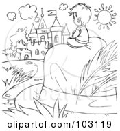 Poster, Art Print Of Coloring Page Outline Of A Tiny Boy Sitting On A Hat Near A Castle