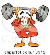 Poster, Art Print Of Red Telephone Mascot Cartoon Character Holding A Heavy Barbell Above His Head