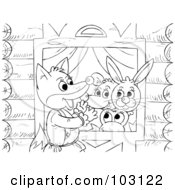 Poster, Art Print Of Coloring Page Outline Of A Fox Talking To A Mouse Rabbit And Frog In A Window