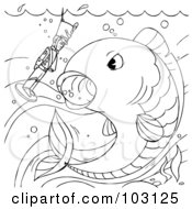 Royalty Free RF Clipart Illustration Of A Coloring Page Outline Of A Fish Swimming By A Toy Soldier by Alex Bannykh