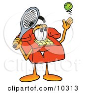Poster, Art Print Of Red Telephone Mascot Cartoon Character Preparing To Hit A Tennis Ball