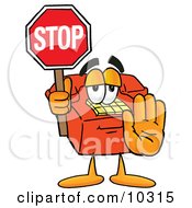 Poster, Art Print Of Red Telephone Mascot Cartoon Character Holding A Stop Sign