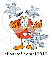 Poster, Art Print Of Red Telephone Mascot Cartoon Character With Three Snowflakes In Winter
