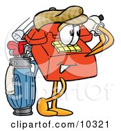 Poster, Art Print Of Red Telephone Mascot Cartoon Character Swinging His Golf Club While Golfing