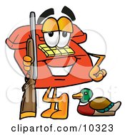 Red Telephone Mascot Cartoon Character Duck Hunting Standing With A Rifle And Duck