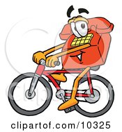 Red Telephone Mascot Cartoon Character Riding A Bicycle by Mascot Junction