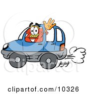 Poster, Art Print Of Red Telephone Mascot Cartoon Character Driving A Blue Car And Waving