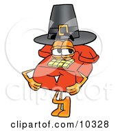 Poster, Art Print Of Red Telephone Mascot Cartoon Character Wearing A Pilgrim Hat On Thanksgiving