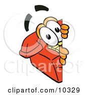 Clipart Picture Of A Red Telephone Mascot Cartoon Character Peeking Around A Corner