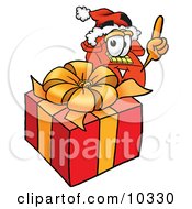 Poster, Art Print Of Red Telephone Mascot Cartoon Character Standing By A Christmas Present