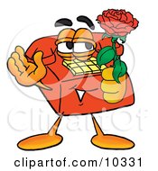 Poster, Art Print Of Red Telephone Mascot Cartoon Character Holding A Red Rose On Valentines Day