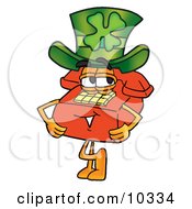 Poster, Art Print Of Red Telephone Mascot Cartoon Character Wearing A Saint Patricks Day Hat With A Clover On It