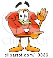 Poster, Art Print Of Red Telephone Mascot Cartoon Character Waving And Pointing