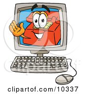 Red Telephone Mascot Cartoon Character Waving From Inside A Computer Screen by Mascot Junction