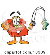 Poster, Art Print Of Red Telephone Mascot Cartoon Character Holding A Fish On A Fishing Pole