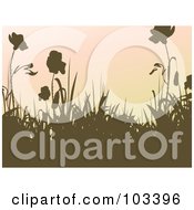 Poster, Art Print Of Brown Silhouetted Grass And Flowers Against A Gradient Pink Sky