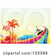 Silhouetted Surfer Riding A Rainbow Wave With Hibiscus Flowers Palm Tree And Halftone On Beige