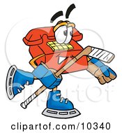 Clipart Picture Of A Red Telephone Mascot Cartoon Character Playing Ice Hockey