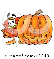 Poster, Art Print Of Red Telephone Mascot Cartoon Character With A Carved Halloween Pumpkin