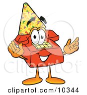 Poster, Art Print Of Red Telephone Mascot Cartoon Character Wearing A Birthday Party Hat