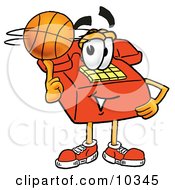 Poster, Art Print Of Red Telephone Mascot Cartoon Character Spinning A Basketball On His Finger