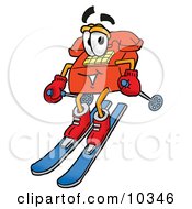 Red Telephone Mascot Cartoon Character Skiing Downhill