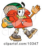 Poster, Art Print Of Red Telephone Mascot Cartoon Character Hiking And Carrying A Backpack