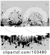 Royalty Free RF Clipart Illustration Of A Grungy White Text Bar Bordered With Black Circles Vines Halftone And Splatters Over Gray by KJ Pargeter