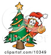 Poster, Art Print Of Red Telephone Mascot Cartoon Character Waving And Standing By A Decorated Christmas Tree