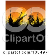 Royalty Free RF Clipart Illustration Of An Orange Sun Silhouetting Foliage And Grasses