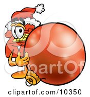 Poster, Art Print Of Red Telephone Mascot Cartoon Character Wearing A Santa Hat Standing With A Christmas Bauble