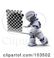 Poster, Art Print Of 3d Silver Robot Waving A Checkered Racing Flag