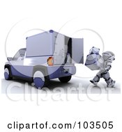 Poster, Art Print Of 3d Silver Robot Loading Metal Boxes Into A Truck