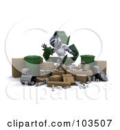 Poster, Art Print Of 3d Silver Robot With Recycle Arrows Standing Behind Trash Bins And Cardboard Boxes