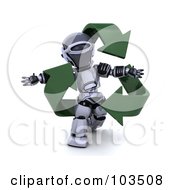 Poster, Art Print Of 3d Silver Robot Walking With Green Recycle Arrows