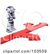 Poster, Art Print Of 3d Silver Robot Standing At A Fork In A Red Arrow Path
