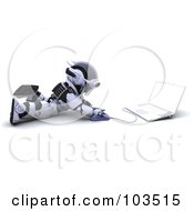 Poster, Art Print Of 3d Silver Robot Laying On The Floor And Using A Laptop
