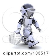 3d Silver Robot Walking With A Shopping Basket