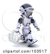 Royalty Free RF Clipart Illustration Of A 3d Silver Robot Walking With A Shopping Basket by KJ Pargeter