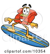 Clipart Picture Of A Red Telephone Mascot Cartoon Character Surfing On A Blue And Yellow Surfboard